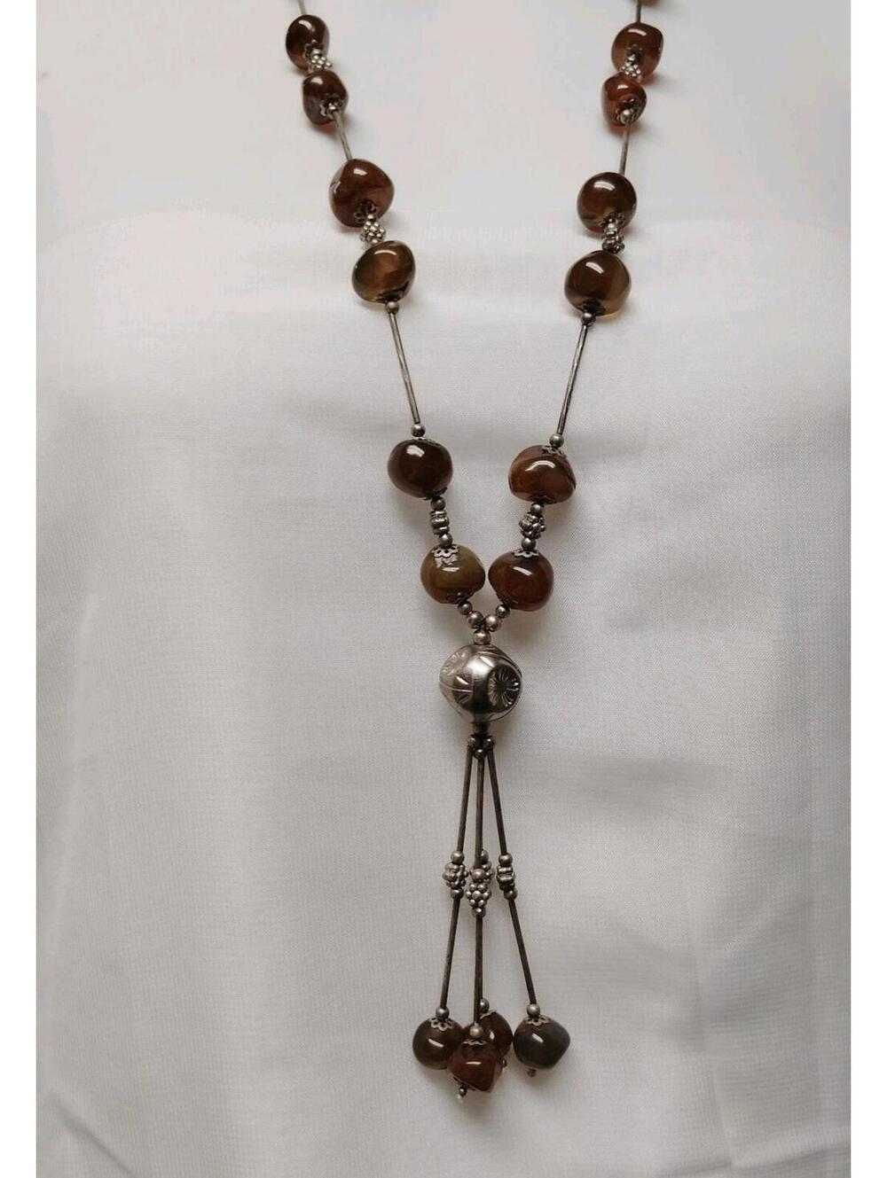Unique Vintage Agate Y Drop Tassel Silver Tone Boho Necklace